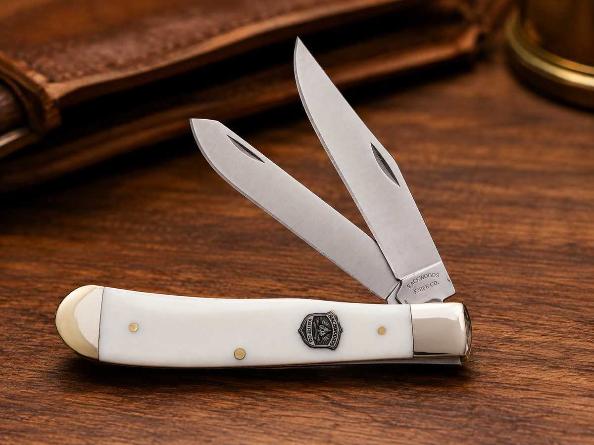 Backwoods Knife Co. Smooth White Trapper – 2 Blade Traditional Pocketknife - #0071