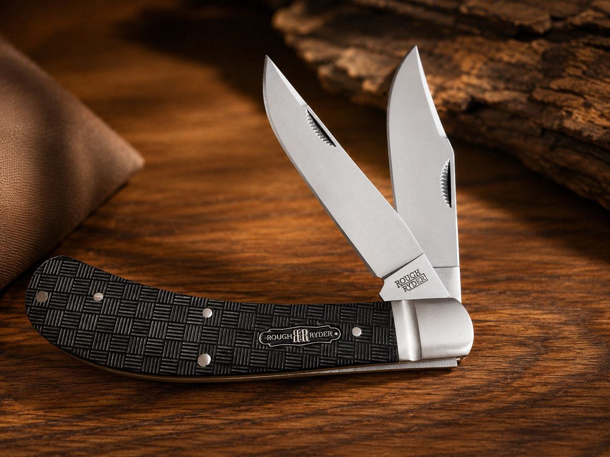 Rough Ryder Black Reserve Basketweave Pakkawood Trapper – 2 Blade – 440A Stainless - #0040