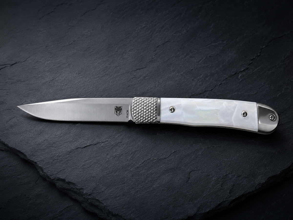 CobraTec Trapper Hidden Release White Abalone – 154CM Stainless – Automatic Folder - #0190