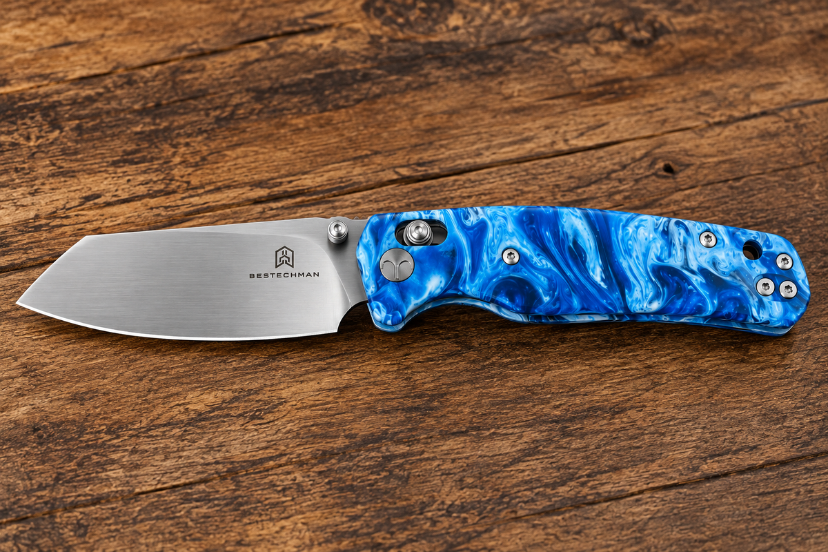 Bestechman Cicada’s Wing Blue Marbled Resin Crossbar Lock EDC Knife