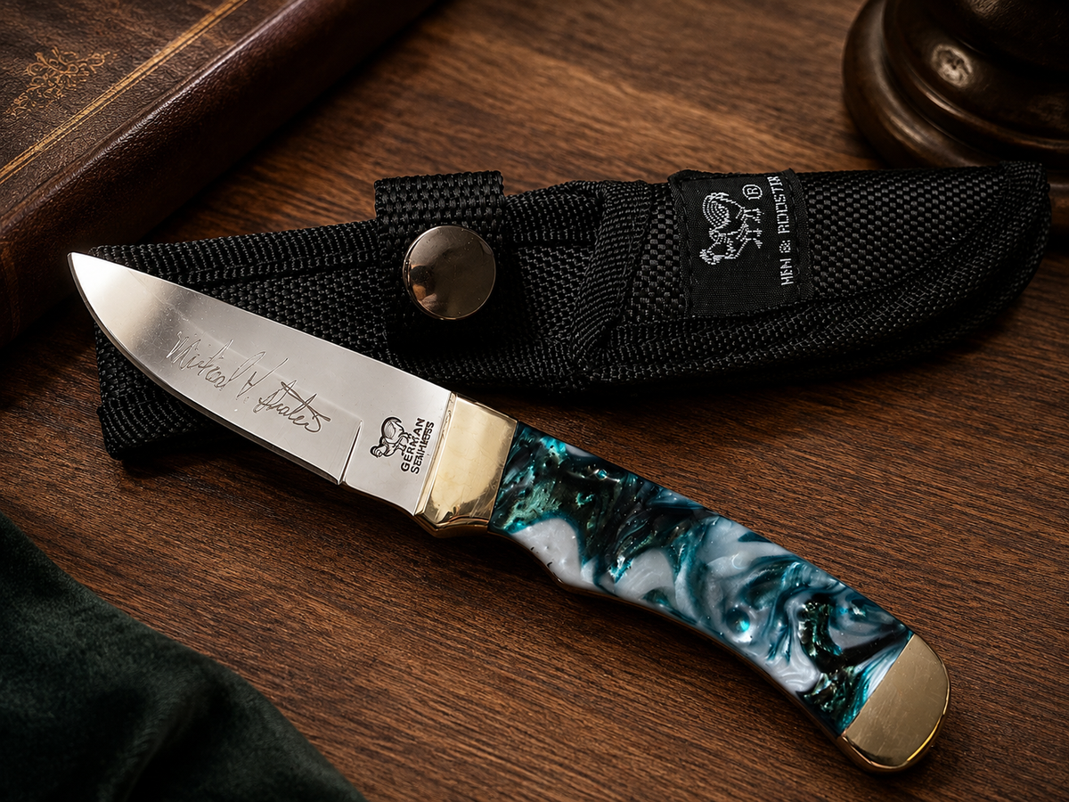 Hen & Rooster Michael Prater Custom Fixed Blade – German Stainless – Blue Pearl Handle - #0209