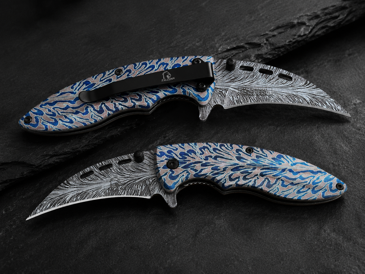 Falcon Blue Pattern Hawkbill Assisted-Opening Folding Knife - #0089