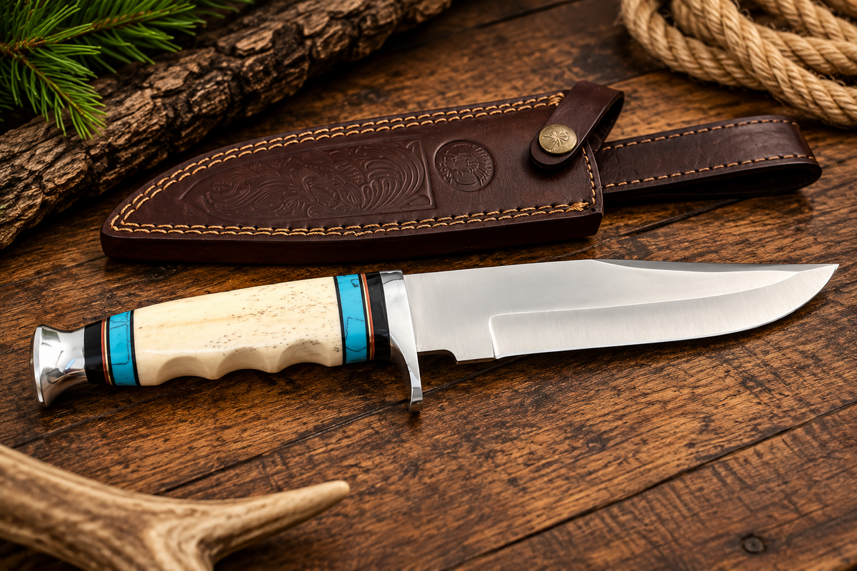 Chipaway Cutlery Bowie Fixed Blade – Ivory & Turquoise-Style Handle with Leather Sheath