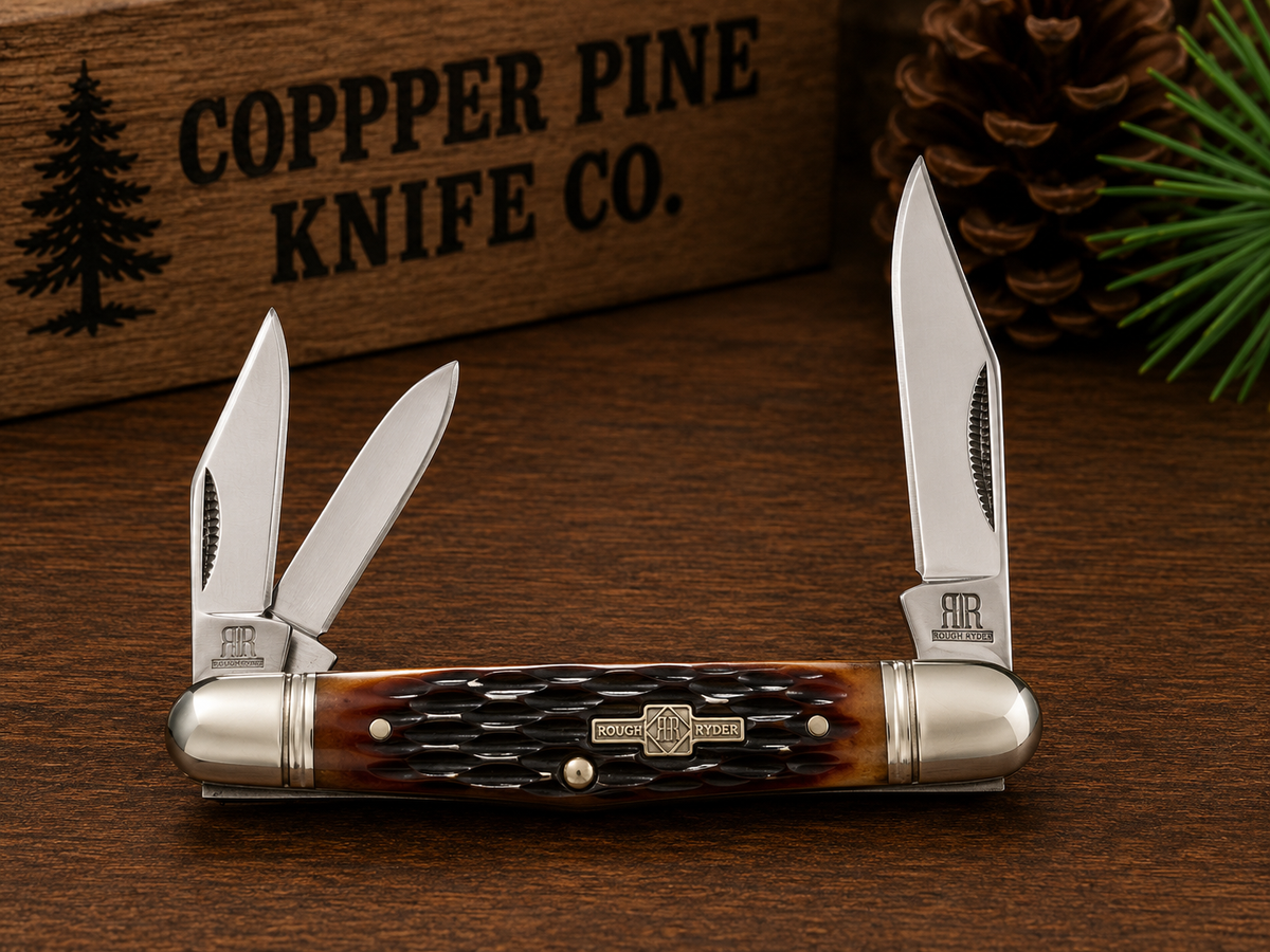 Rough Ryder Brown Jigged Bone Three-Blade Stockman Pocket Knife - #0309