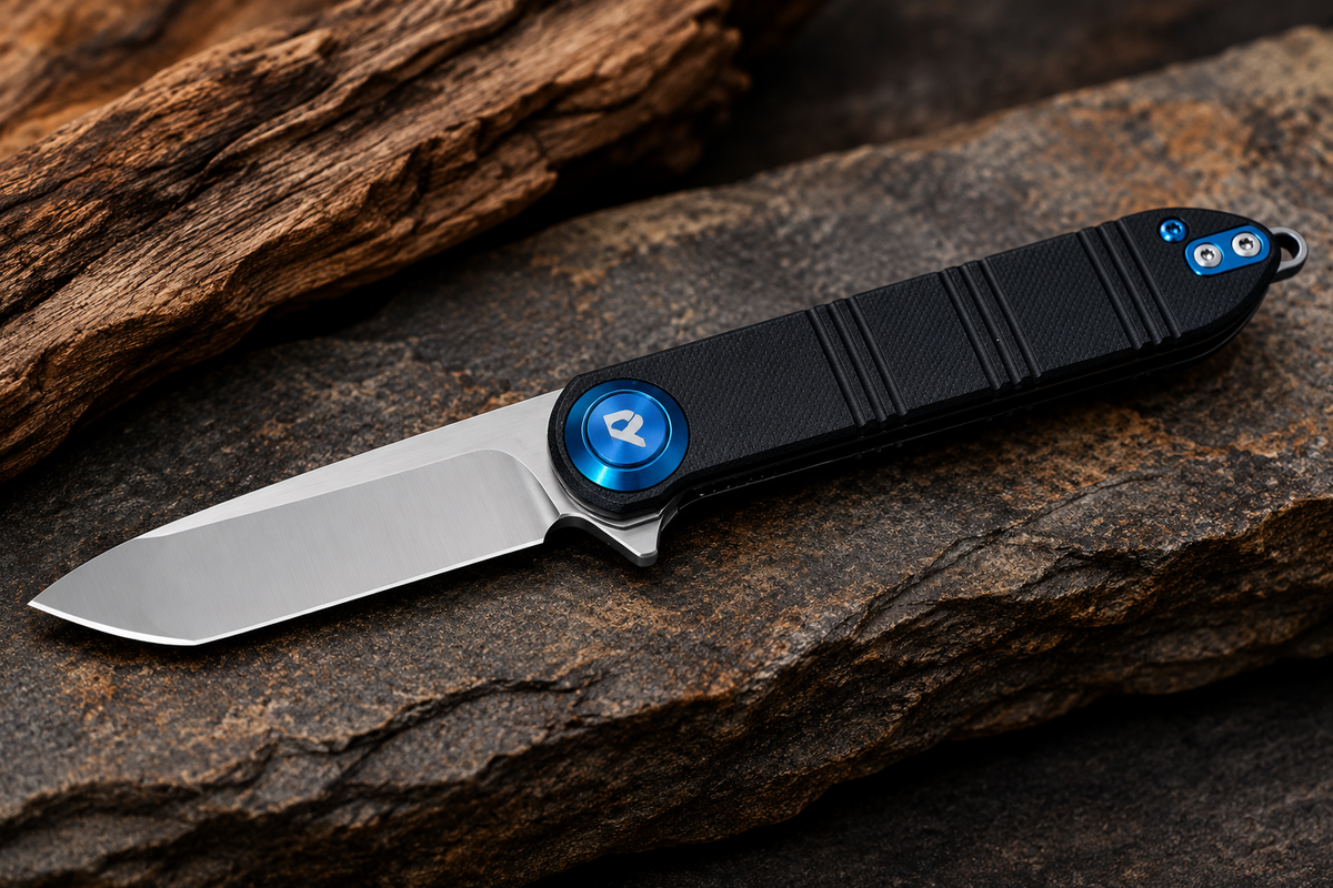 DreamTech D4324GB Pivot Button Lock Folding Knife – Black G10 & Blue Accents