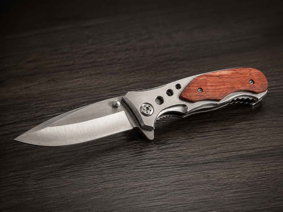 Falcon Wood-Inlay Spring-Assisted Folding Knife – Satin Drop Point - #0072