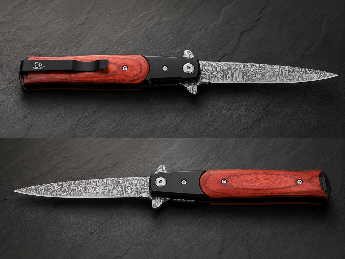 Falcon Damascus-Pattern Wood Handle Stiletto - #0127