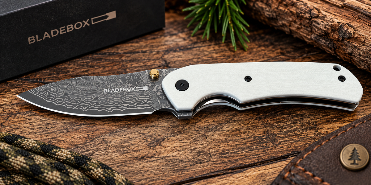 BladeBox Monarch™ Damascus D2 Folding Knife – White G10