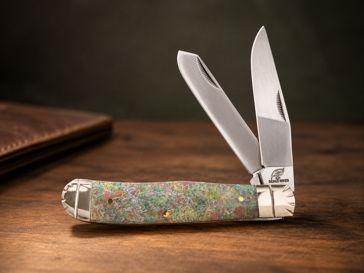 Ocoee River Cutlery Tiger Confetti Trapper – Multicolor Resin – 2 Blade - #0067