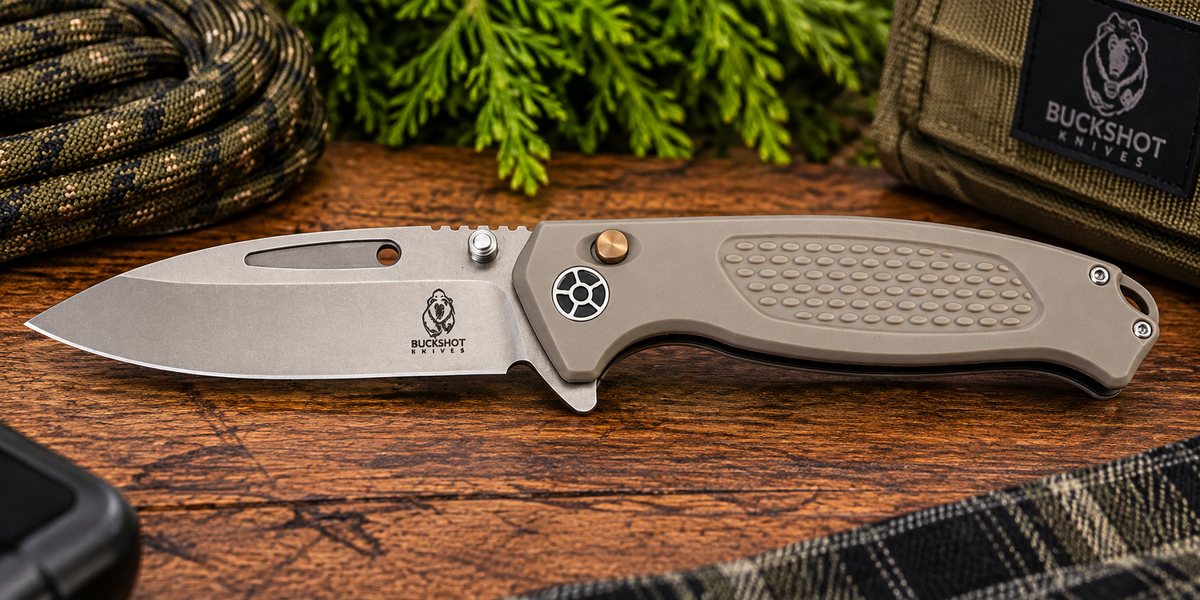 Buckshot Knives Gray Button-Lock EDC Folding Knife