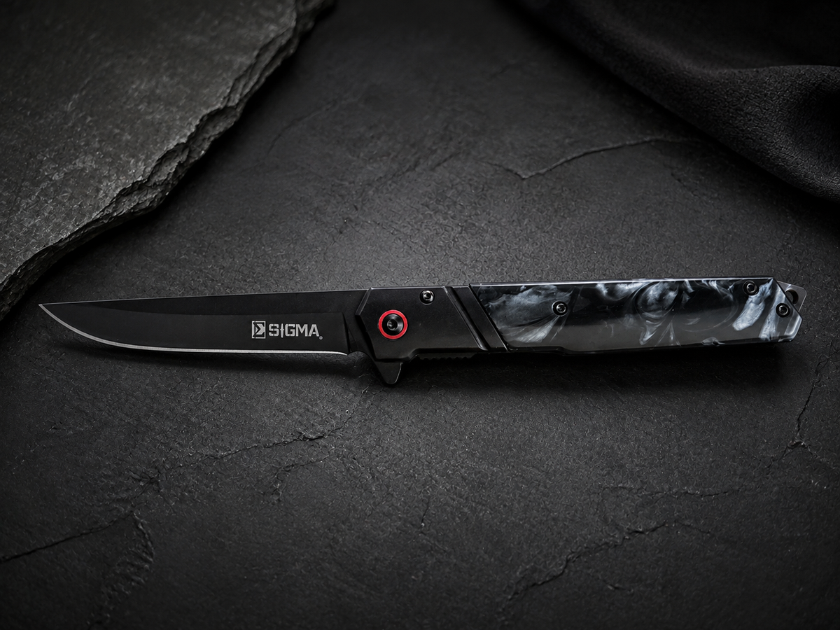 Sigma Stiletto-Style Ball-Bearing Flipper – Black Blade – Black Marble Handle - #1000