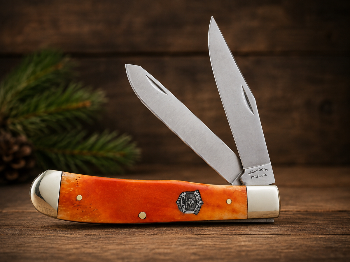 Backwoods Knife Co. Orange Smooth Bone Trapper – 2 Blade - #0053