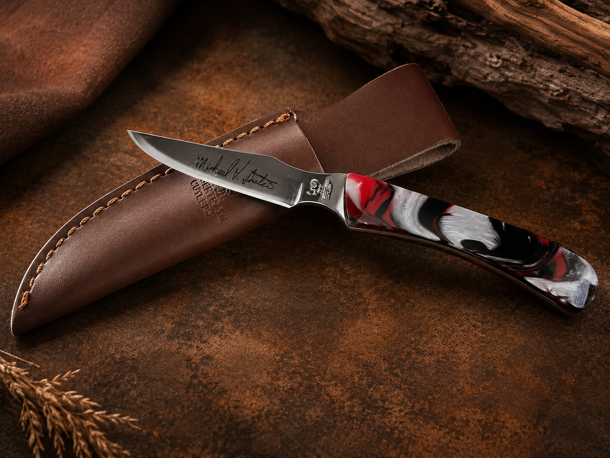 Michael V. Prater Signature Series Red/White/Black Corelon Folding Knife with Leather Sheath - #0034