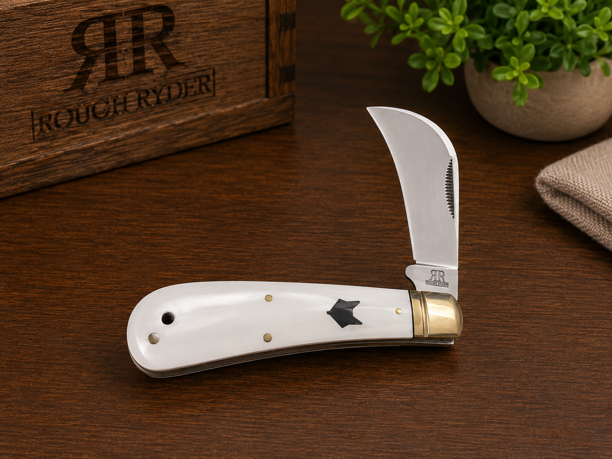 Rough Ryder White Hawkbill Traditional Pocket Knife - #0358