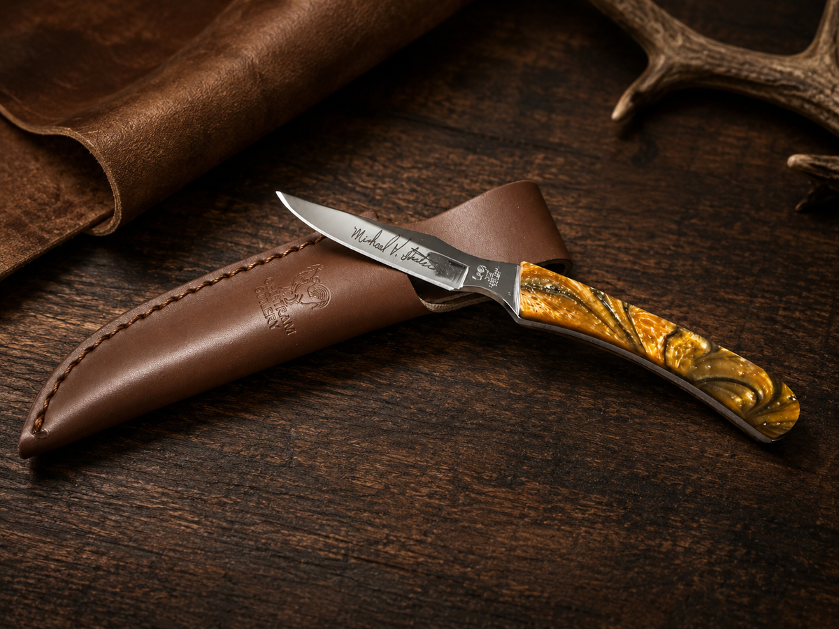 Hen & Rooster Michael Prater Golden Jade Custom Skinner – German Steel – Leather Sheath - #0219
