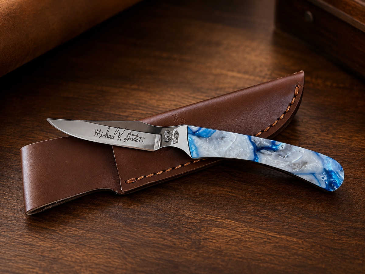 Michael V. Prater Signature Series Blue & White Corelon Folding Knife with Sheath - #0033