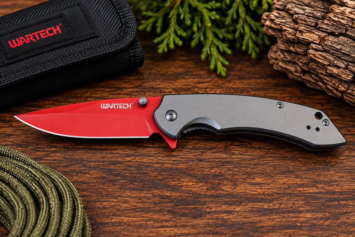 WarTech Red Blade & Gray Handle EDC Folding Knife