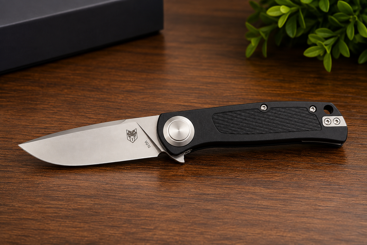 CobraTec Scout Button Lock EDC Knife – VG10 – Black Grivory - #0360