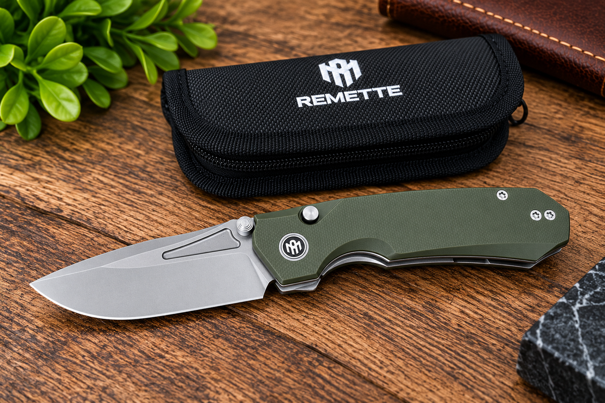 Remette Olive Green EDC Folding Knife – Satin Blade