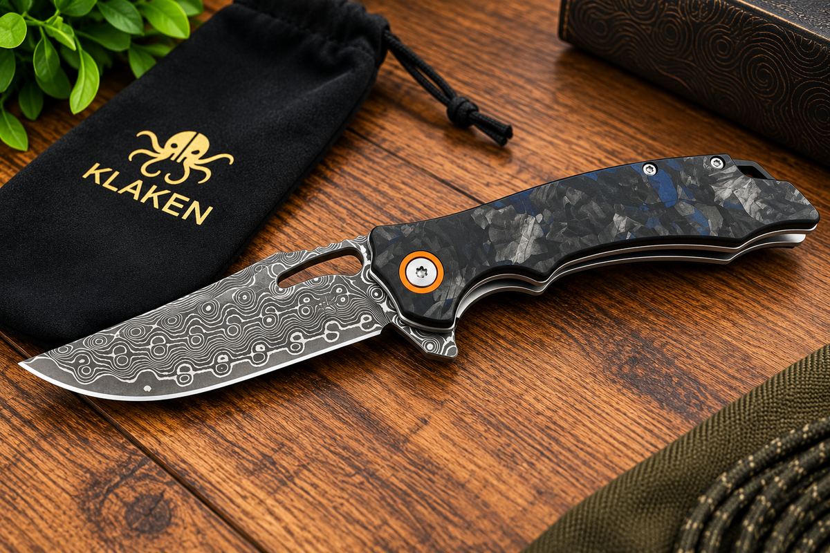 Klaken Damascus Folding Knife – Shredded Carbon-Style Handle