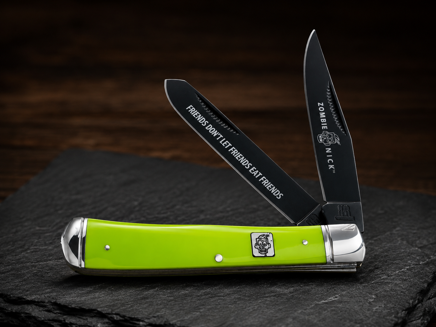 Rough Ryder Zombie Nick Trapper – RR1452 – Neon Green – Black 440A Stainless