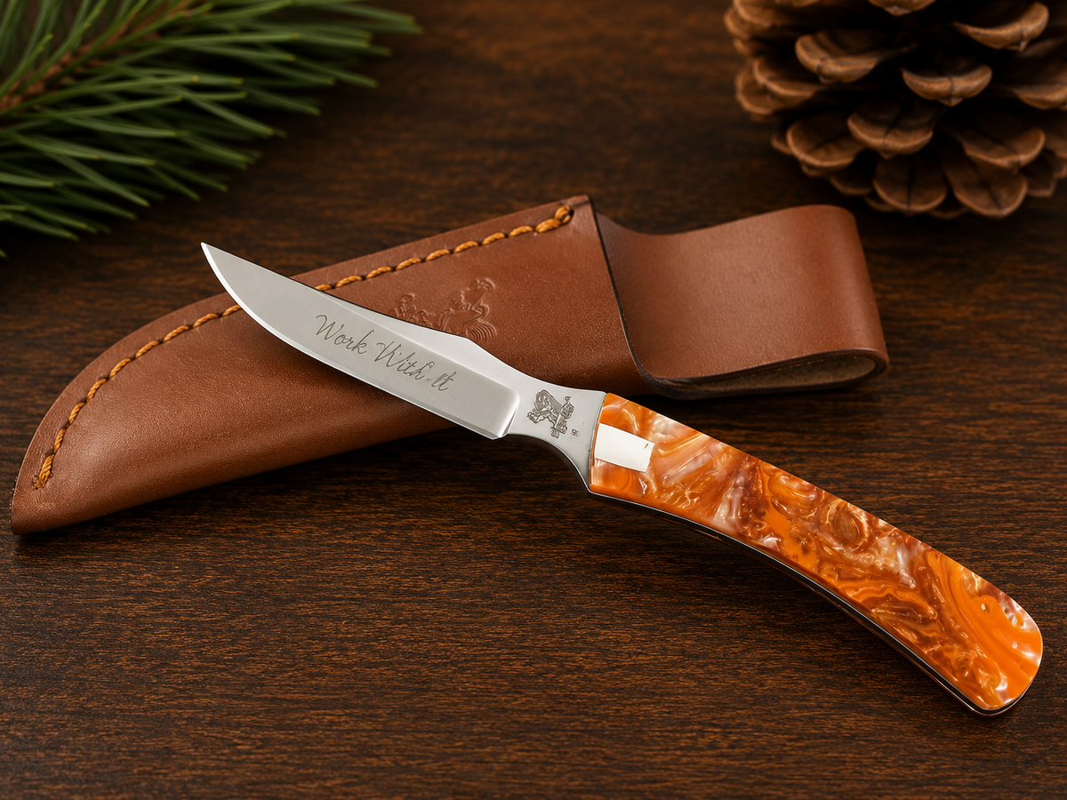 Hen & Rooster Michael J. Prater Orange Corelon Fixed Blade Knife with Leather Sheath - #0301