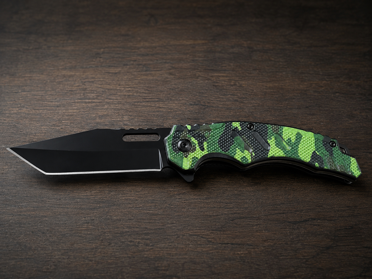 Green Camo Tactical Assisted Folding Knife – Black Tanto Blade - #0147