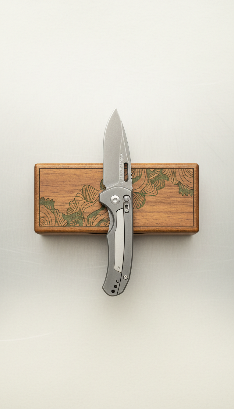 Titanium folding pocket knife with custom-etched box